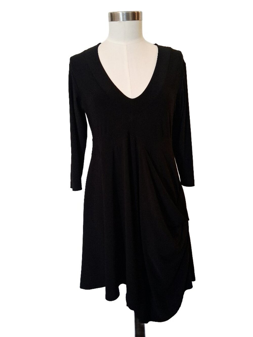 Sympli Black Jersey Low V-Neck Asymmetrical Dress Tunic w' Draped Front Size 10